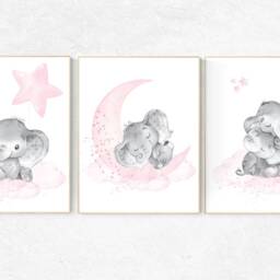 Elephant Nursery Art Print Pink & Gray Cloud & Stars Decor - thumbnail 2