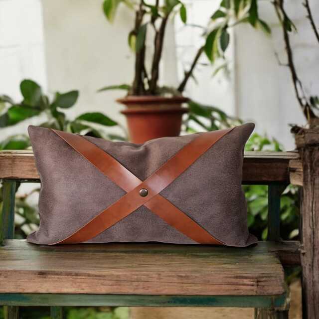 Brown Nubuck Pillow Cover With Cognac Faux Leather Straps - image 1