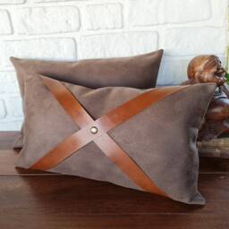 Brown Nubuck Pillow Cover With Cognac Faux Leather Straps - thumbnail 3
