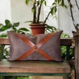 Brown Nubuck Pillow Cover With Cognac Faux Leather Straps - thumbnail 1