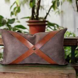 Brown Nubuck Pillow Cover With Cognac Faux Leather Straps - thumbnail 2