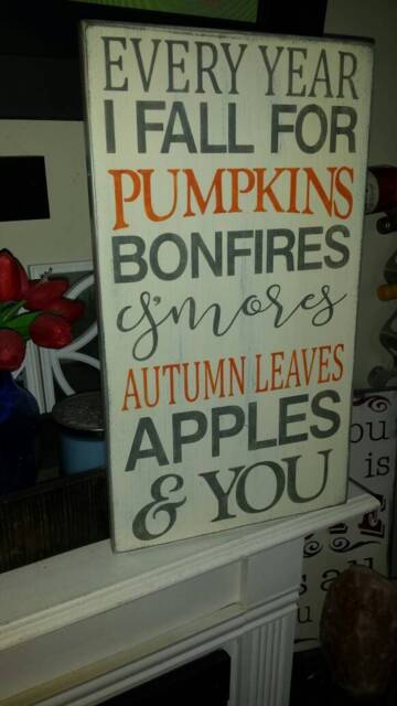 Every Year I Fall For Pumpkins Bonfires Smores Autumn Leaves Apples & You Distressed Wood Sign Large Wall Hanging Primitive Decor - image 1