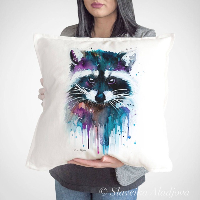 Raccoon Throw Pillow Cover By Slaveika Aladjova, Cushion Cover, Decorative Pillow Cover, Animal Art, Watercolor Pillow, Christmas Gift - image 1
