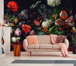 Wallpaper With Peony & Tulip Flowers, Large Black Wall Paper Decor, Designer Wildflowers Wallpaper, Blush Floral Mural - thumbnail 1