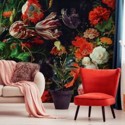Wallpaper With Peony & Tulip Flowers, Large Black Wall Paper Decor, Designer Wildflowers Wallpaper, Blush Floral Mural - thumbnail 3
