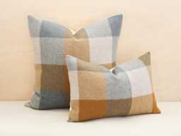 Shale & Copper Plaid Wool Pillow Cover, Camel Brown Slate Blue Buffalo Check Cover - Made To Order