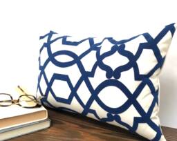 Blue Geometric Velvet Lumbar Pillow Cover, Modern Glam Decor - thumbnail 1