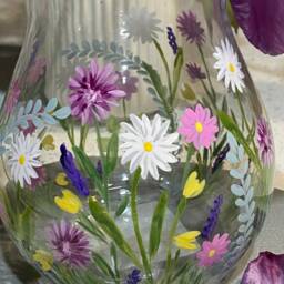 Hand Painted Glass Vase Decanter Carafe Floral Meadow Design Flower Gift For Mum Her Bithday Present - thumbnail 3