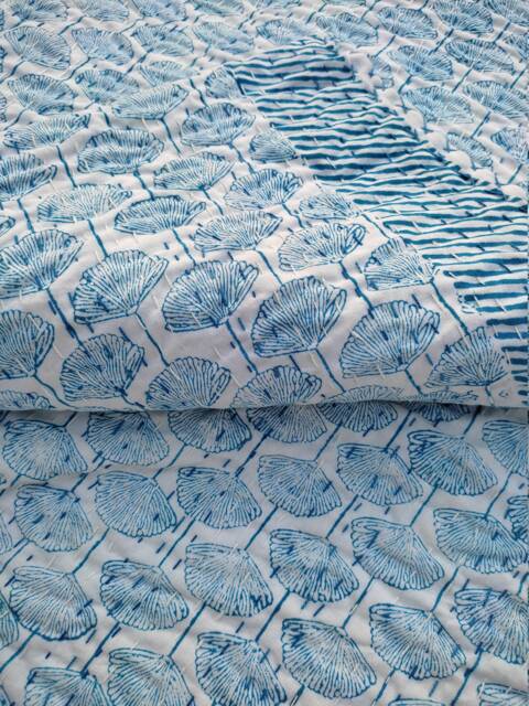 Blue Seashell Indian Print Kantha Quilt, Handmade Block Bedspread, Reversible Cotton Blanket, Coastal Boho Bedding Throw, Quilt - image 1