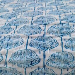 Blue Seashell Indian Print Kantha Quilt, Handmade Block Bedspread, Reversible Cotton Blanket, Coastal Boho Bedding Throw, Quilt - thumbnail 2