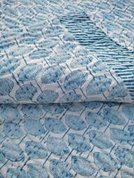 Blue Seashell Indian Print Kantha Quilt, Handmade Block Bedspread, Reversible Cotton Blanket, Coastal Boho Bedding Throw, Quilt - thumbnail 1