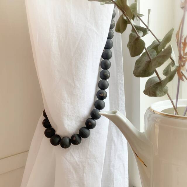 Farmhouse Black Distressed Wood Bead Curtain Tiebacks Rustic Window Decor - image 1