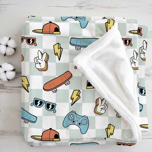 Checkered - Skater Boys, Sherpa Fleece Blanket, Decor, Kids Bedding, Blankets, Children's Room, Blue Cool Boys Blanket - image 1