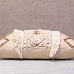 Off White Macrame Lumbar Pillow Cover, Boho Cotton Cushion With Wooden Beads & Tassels - thumbnail 4