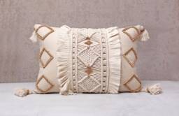 Off White Macrame Lumbar Pillow Cover, Boho Cotton Cushion With Wooden Beads & Tassels