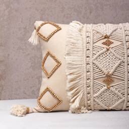 Off-White Cotton Macrame Bohemian, Bali Style Pillow Cover, Decorative Handmade Throw Cover, Embroidered Cover Wlcc034 - thumbnail 2