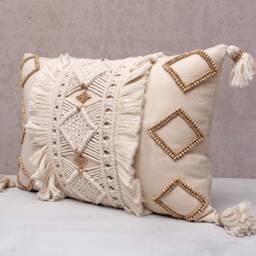 Off-White Cotton Macrame Bohemian, Bali Style Pillow Cover, Decorative Handmade Throw Cover, Embroidered Cover Wlcc034 - thumbnail 3