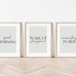 Neutral Sage Green Bedroom Prints, Good Morning Set Of 3, Beige Home Love Print, Above Bed Wall Art - thumbnail 2