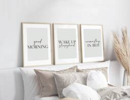 Neutral Sage Green Bedroom Prints, Good Morning Set Of 3, Beige Home Love Print, Above Bed Wall Art - thumbnail 1