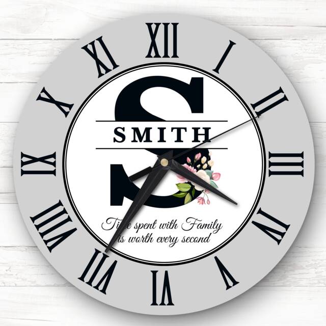 Floral Family Initial Grey Personalised Gift Clock - image 1