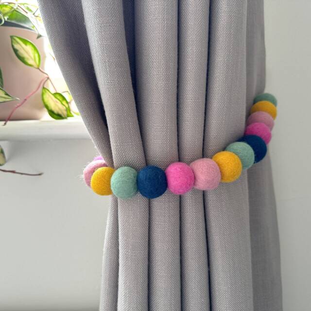 Mint & Pink Felt Ball Curtain Tie Backs - Pom Hold Custom Ties Nursery Decor Baby Gift Colourful Pull - image 1