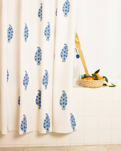 Blue Southern Night Designer French Country Washable Cotton Fabric Hand Block Printed Shower Curtain - image 1