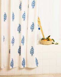 Blue Southern Night Designer French Country Washable Cotton Fabric Hand Block Printed Shower Curtain - thumbnail 1