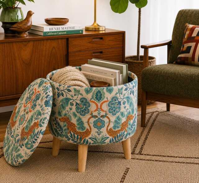 Custom Order - Upholstered Ottoman Round Hidden Storage Footstool - Art Deco Leopard Jungle Blue - image 1