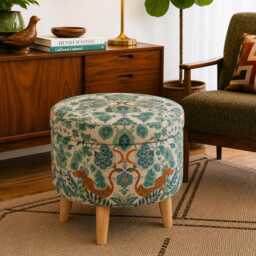 Custom Order - Upholstered Ottoman Round Hidden Storage Footstool - Art Deco Leopard Jungle Blue - thumbnail 2