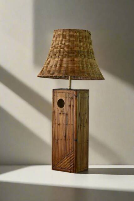 Colonial Style Bamboo Table Lamp, Wicker Shade, Living Room, Bedroom, Entryway Lamp - image 1