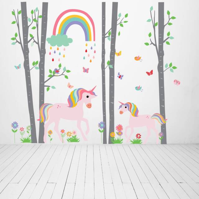 Birch Tree Wall Decals - Nursery Decor Unicorn Rainbow Baby Room Kids Decal Reusable & Removable Stickers - image 1