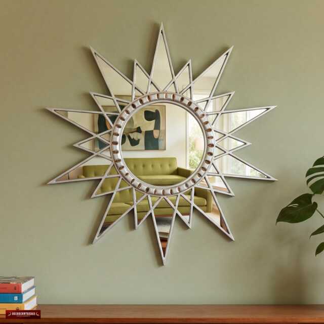 Peruvian Starburst Mirror For Wall Decor - Handmade Star With Silver Leaf Accent Artisan Sunburst Mirrors 23.6 - image 1