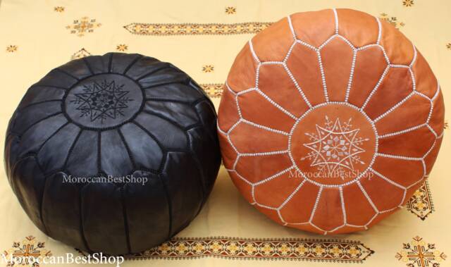 Set Of 2 Moroccan Leather Poufs Tan & Black Boho Footstools - image 1