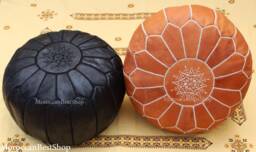 Set Of 2 Moroccan Leather Poufs Tan & Black Boho Footstools - thumbnail 1
