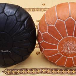 Set Of 2 Moroccan Leather Poufs Tan & Black Boho Footstools - thumbnail 2
