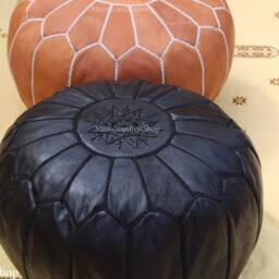 Set Of 2 Moroccan Leather Poufs Tan & Black Boho Footstools - thumbnail 4