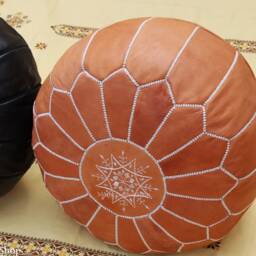 Set Of 2 Moroccan Leather Poufs Tan & Black Boho Footstools - thumbnail 3