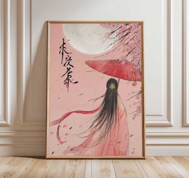 Japanese Cherry Blossom Wall Art Print - Asian Woman With Umbrella Poster, Moonlit Sakura Artwork, Elegant Oriental Home Decor - image 1