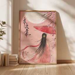 Japanese Cherry Blossom Wall Art Print - Asian Woman With Umbrella Poster, Moonlit Sakura Artwork, Elegant Oriental Home Decor - thumbnail 2