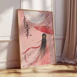 Japanese Cherry Blossom Wall Art Print - Asian Woman With Umbrella Poster, Moonlit Sakura Artwork, Elegant Oriental Home Decor - thumbnail 3