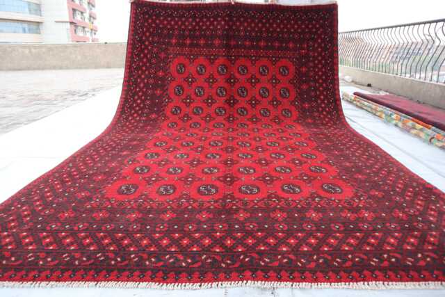 7x10 Ft Red Large Akhcha Handmade Area Rug, Afghan High Pile Rug Turkmen Bokhara Rug Livingroom Rug, Tribal Bedroom Office Carpet - image 1