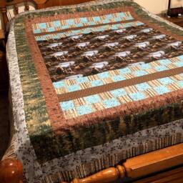 Bear Full Quilt Top, Brown Bear Panel, Wood Grain, Claws Fabric, Ready To Quilt, Blue Green Brown, Grizzly Bear, 89 X 79 Bedspread - thumbnail 1