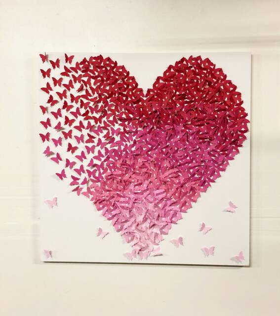 Butterfly Heart Ombre Canvas Art, Handmade Red Pink Wall Decor - image 1