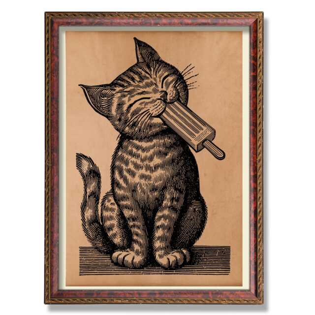 Cute Cat Eating Popsicle Art Print - Whimsical Wall Art, Funny Summer Animal Illustration, Gift For Lovers - image 1