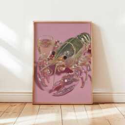 Glitter Lobster Wall Art - Sparkly Crustacean Poster With Wine Glass, Quirky Pink Kitchen Decor, Funny Seafood Illustration - Unframed - thumbnail 1