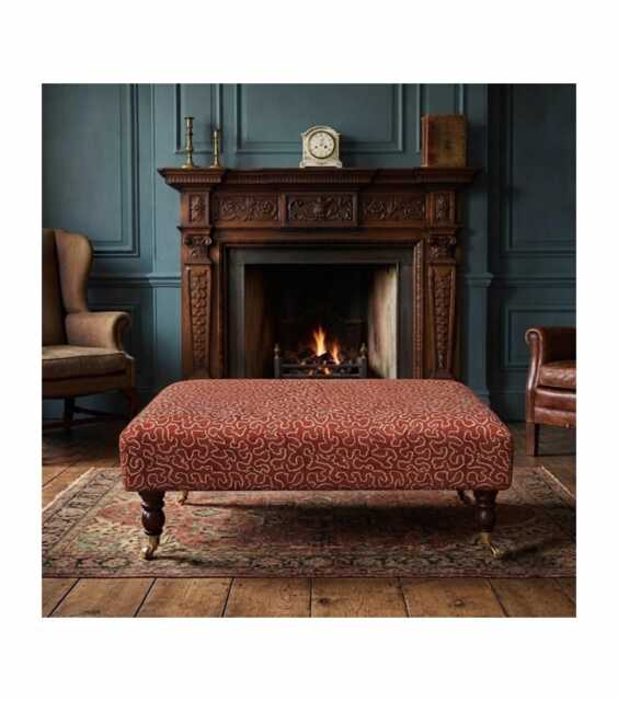 Linwood Wiggle Fabric Upholstered Footstool With Mahogany Wooden Castor Legs, Coffee Table, Footrest - image 1