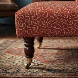 Linwood Wiggle Fabric Upholstered Footstool With Mahogany Wooden Castor Legs, Coffee Table, Footrest - thumbnail 3