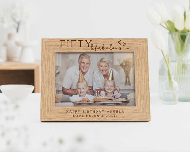 50Th Birthday Gift - Fifty & Fabulous Personalised Engraved Wood Frame For 7x5 Or 6x4 Photo - image 1
