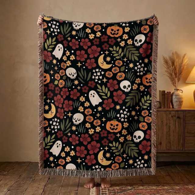 Floral Halloween Woven Blanket, Ghost Pumpkin Skull Throw Spooky Botanical Decor, Gothic Fall Gift - image 1