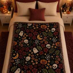Floral Halloween Woven Blanket, Ghost Pumpkin Skull Throw Spooky Botanical Decor, Gothic Fall Gift - thumbnail 3